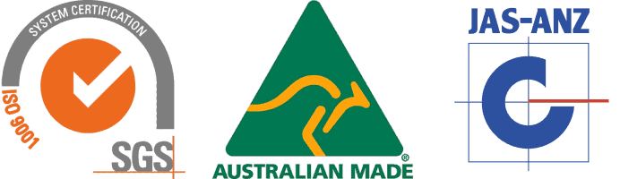 ISO 9001 certification logo, Australian-made logo and JAS-ANZ logo