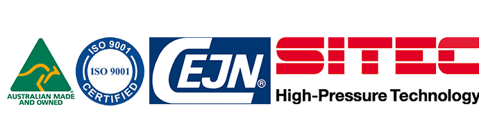 ISO 9001 Certification Logo, Australian Made And Owned Logo, CEJN Logo, SITEC High-Pressure Technology Logo,