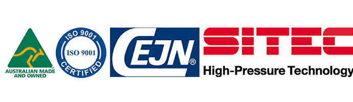 ISO 9001 Certification Logo, Australian Made And Owned Logo, CEJN Logo, SITEC High-Pressure Technology Logo,
